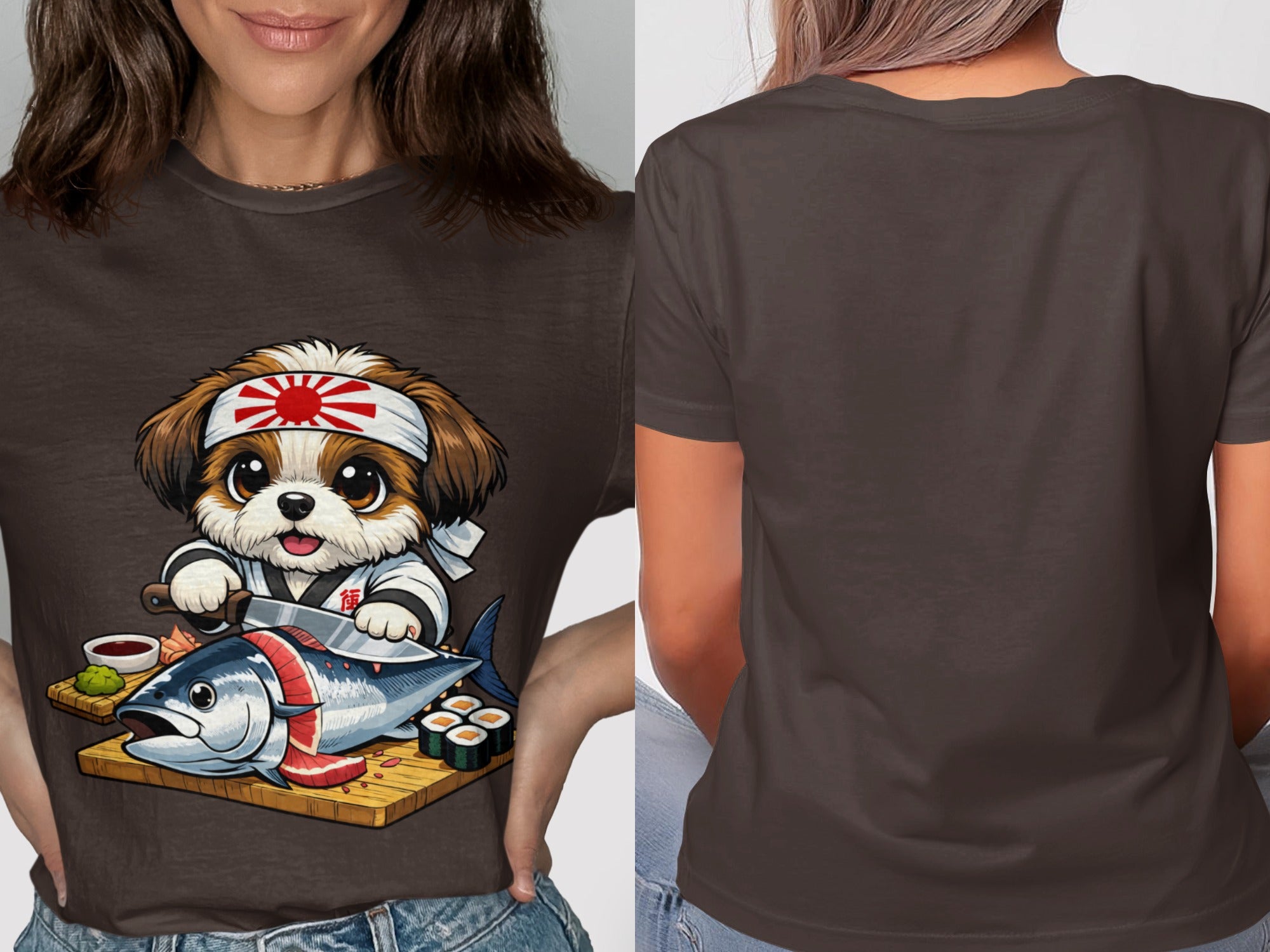 Shih Tzu dog wearing a headband making sushi with a tuna and sushi rolls.