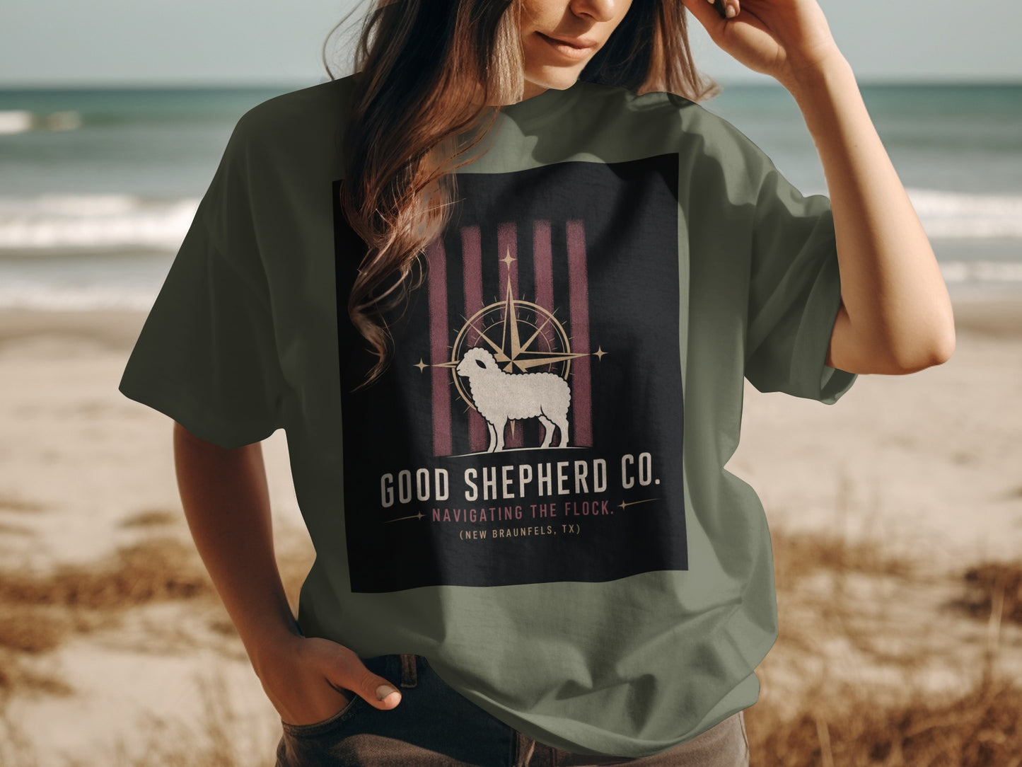 T-shirt with Good Shepherd Co. logo featuring a sheep and compass.