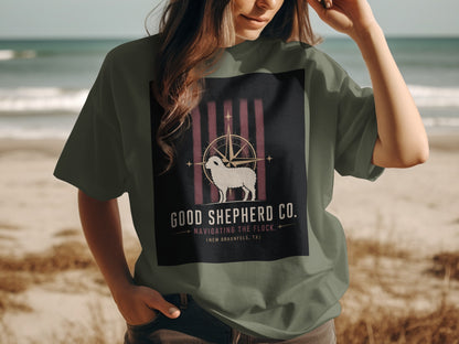 T-shirt with Good Shepherd Co. logo featuring a sheep and compass.