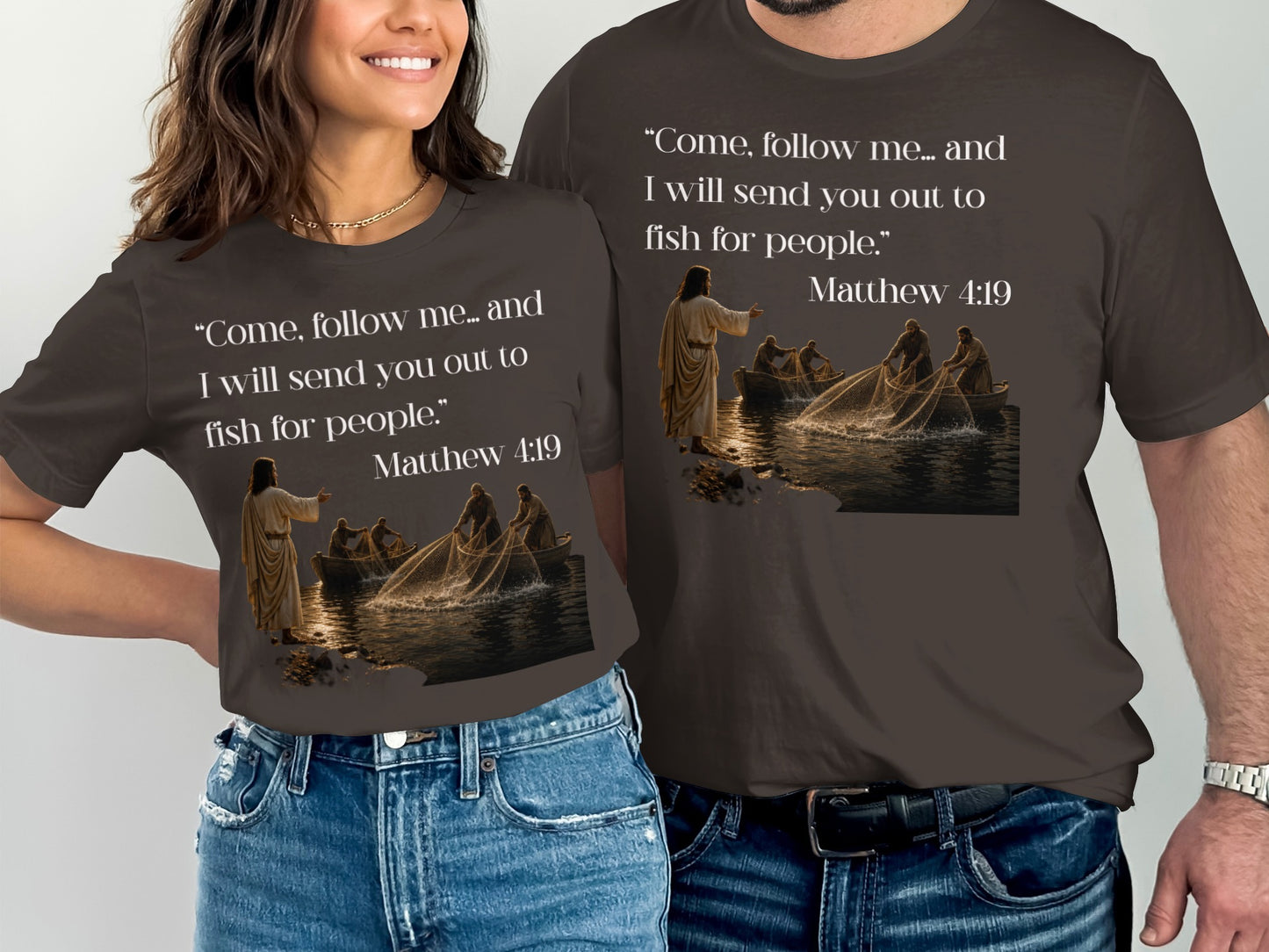 Two t-shirts feature Jesus calling fishermen from boats, with Matthew 4:19 text.