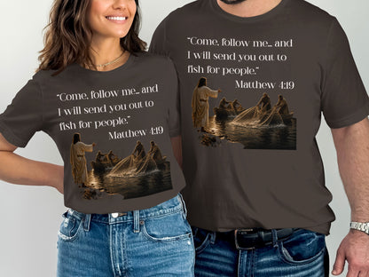 Two t-shirts feature Jesus calling fishermen from boats, with Matthew 4:19 text.
