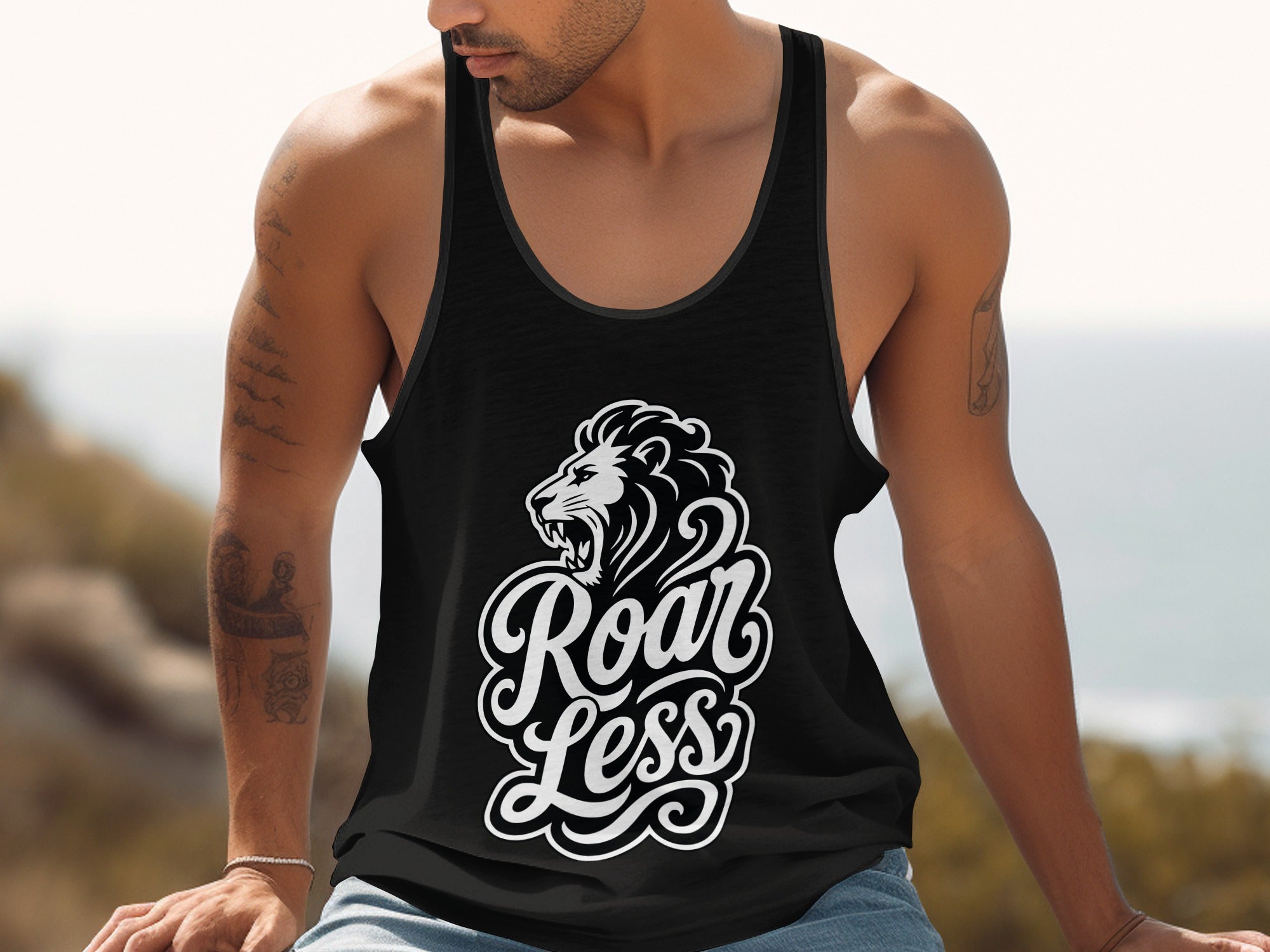 Black tank top with a white lion head and "Roar Less" text graphic.