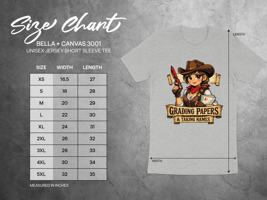 Bella + Canvas 3001 unisex size chart with widths and lengths in inches.
