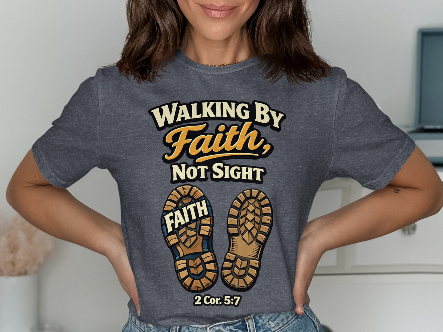T-shirt graphic with "Walking by Faith, Not Sight" and "FAITH" on shoe prints, 2 Cor. 5:7.