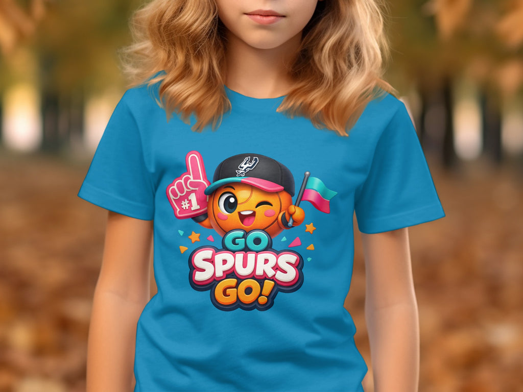 Turquoise t-shirt with cartoon basketball character and "Go Spurs Go!" text.