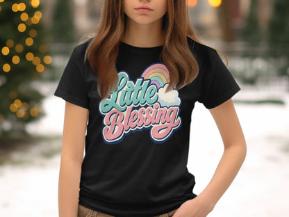 Black t-shirt with "Little Blessing" text and a rainbow graphic.