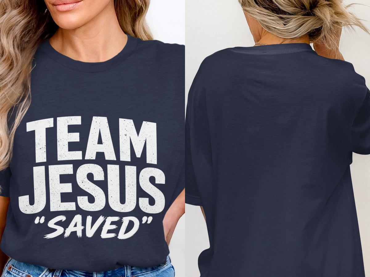Navy t-shirt with "TEAM JESUS 'SAVED'" graphic on front.