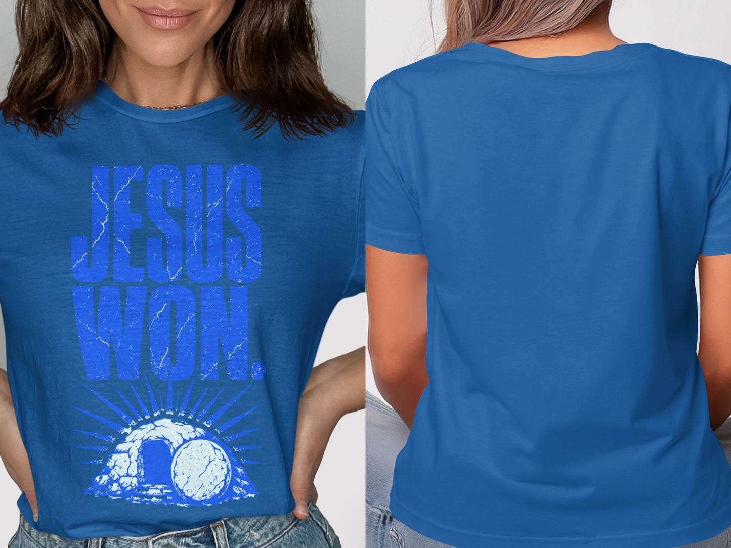 Blue t-shirt with "JESUS WON" text and empty tomb graphic.