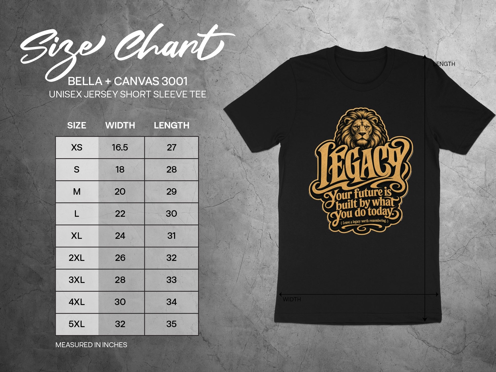 Size chart for Bella + Canvas 3001 unisex short sleeve tee with measurements in inches.