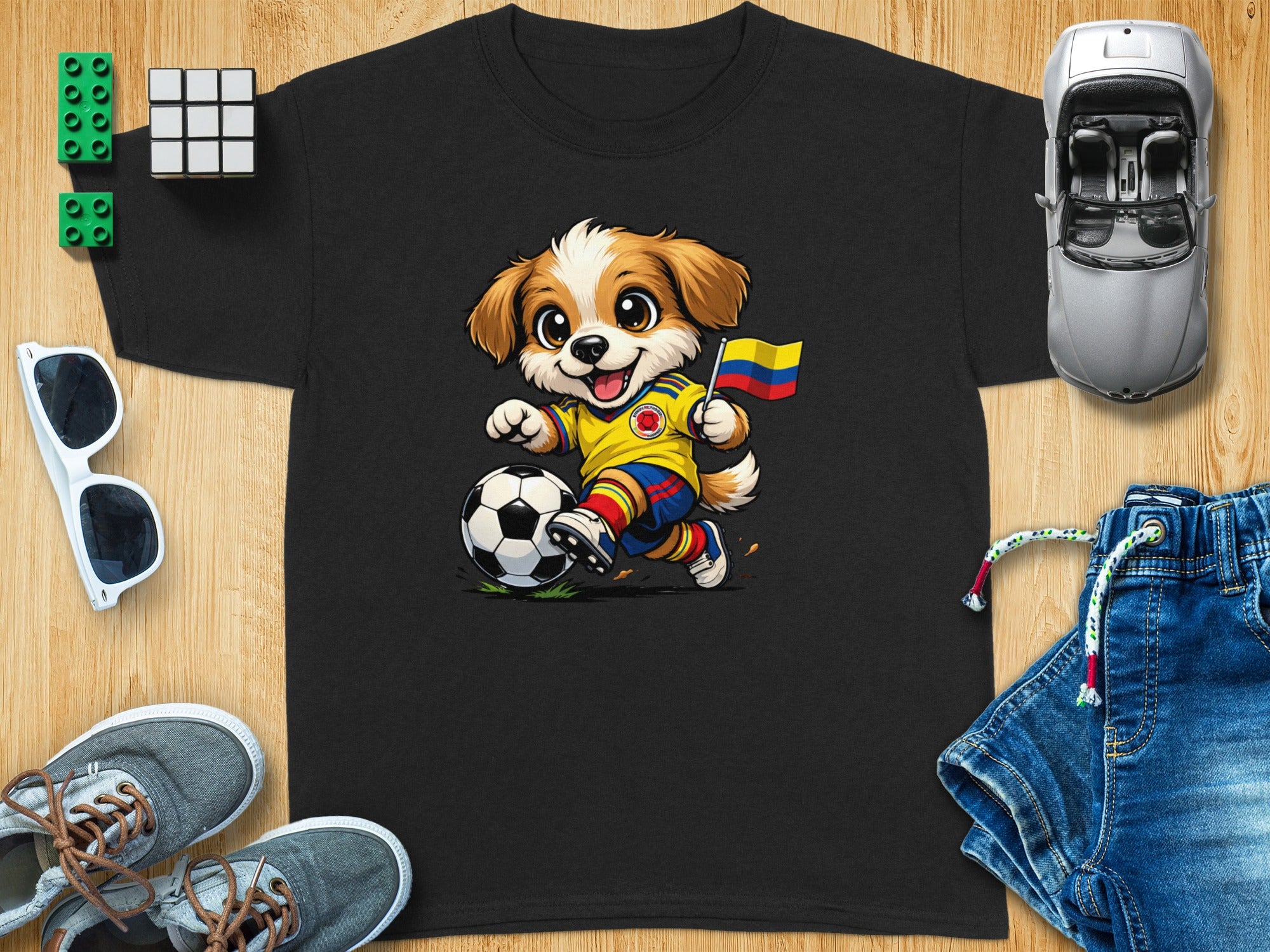 Cartoon dog in a Colombian soccer uniform dribbling a ball and holding a Colombian flag.