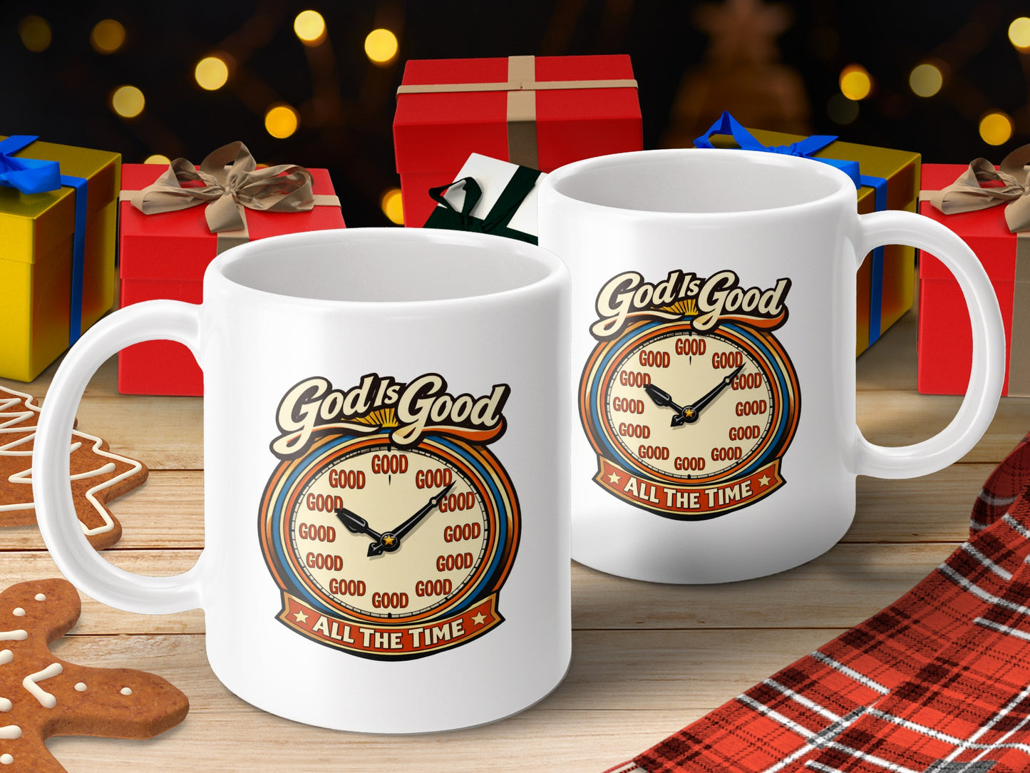 Two white mugs with "God is Good" design and a clock face with "GOOD" at each hour.