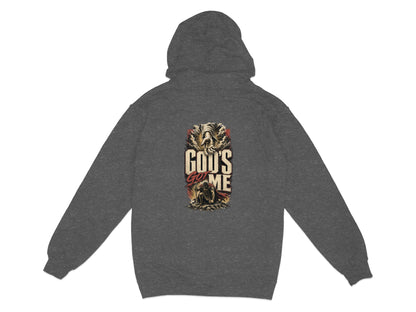 Dark gray hoodie with "God's Got Me" text and warrior graphic on the back.