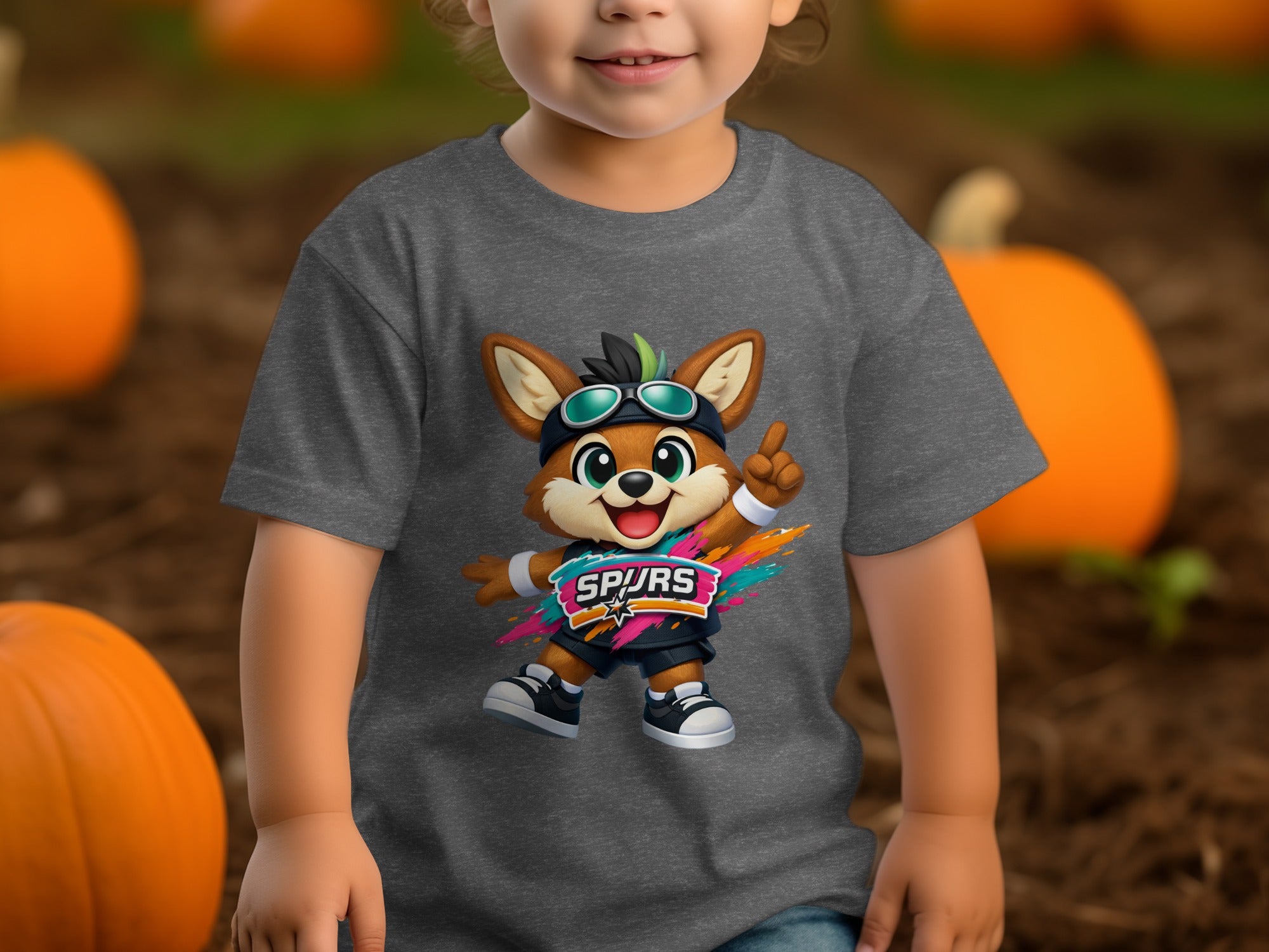 Child wearing grey t-shirt with cartoon fox in Spurs athletic wear on front.