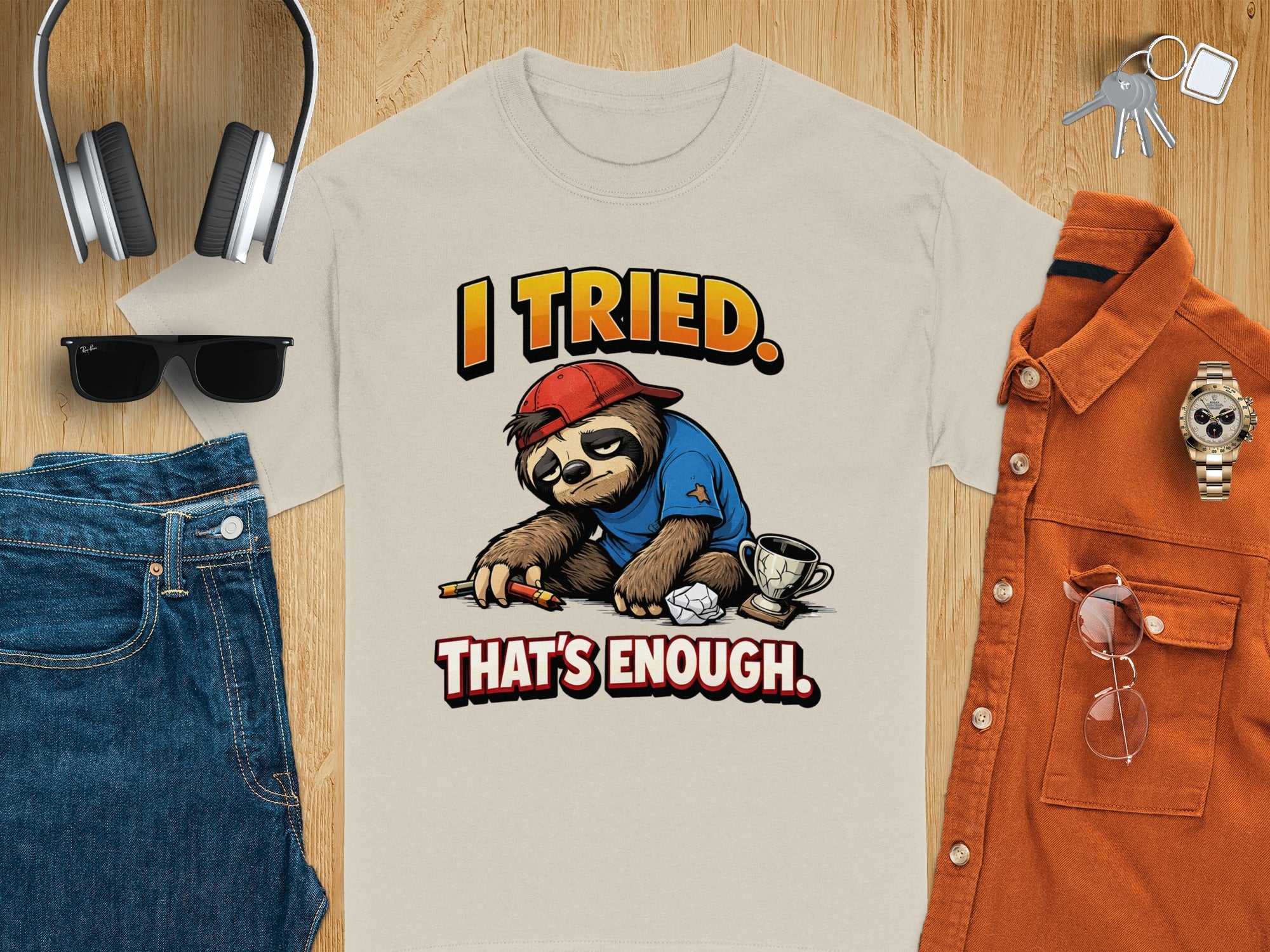 T-shirt with sloth graphic saying "I tried. That's enough."