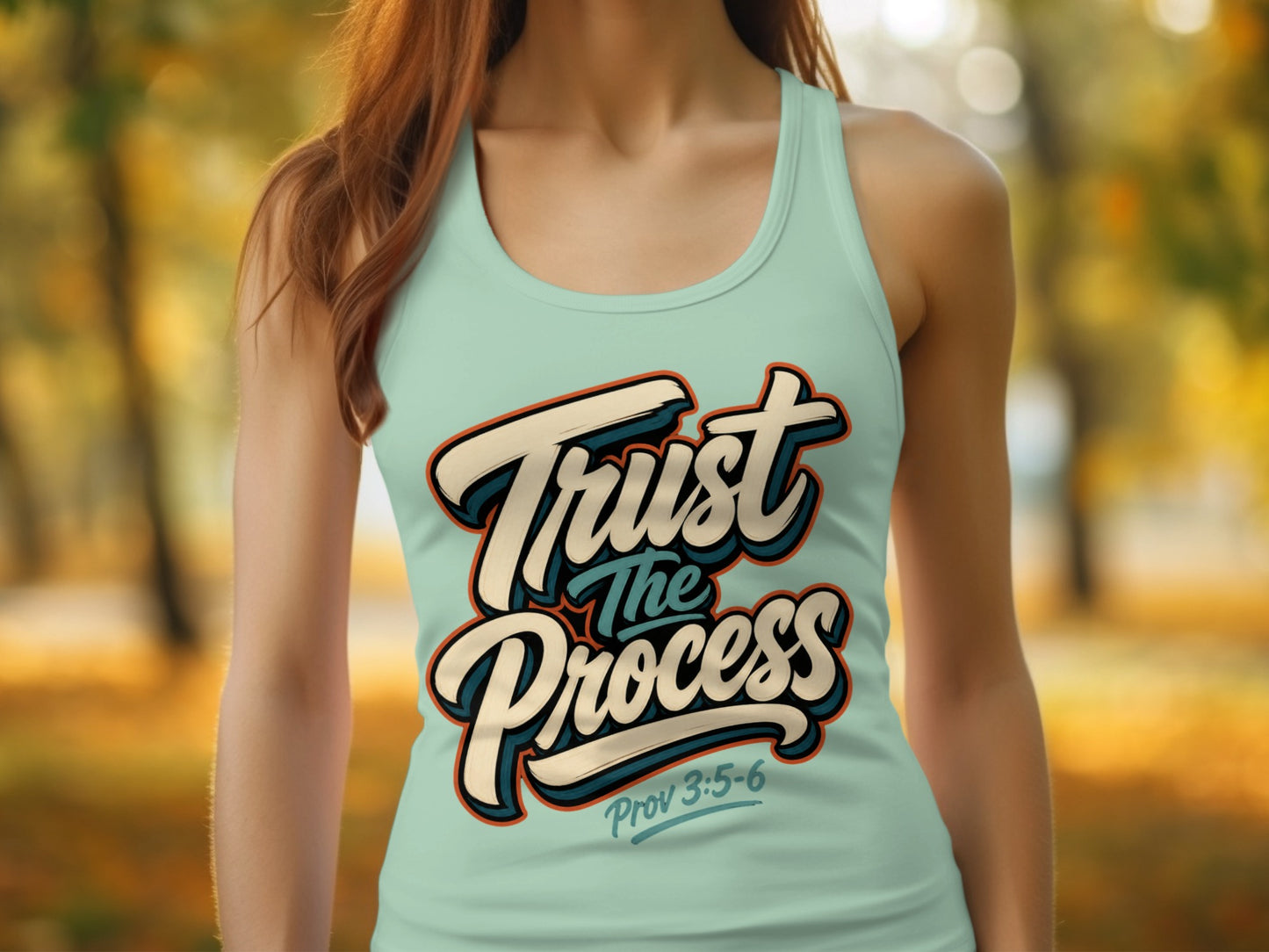 Light blue tank top with "Trust The Process" and "Prov 3:5-6" text.