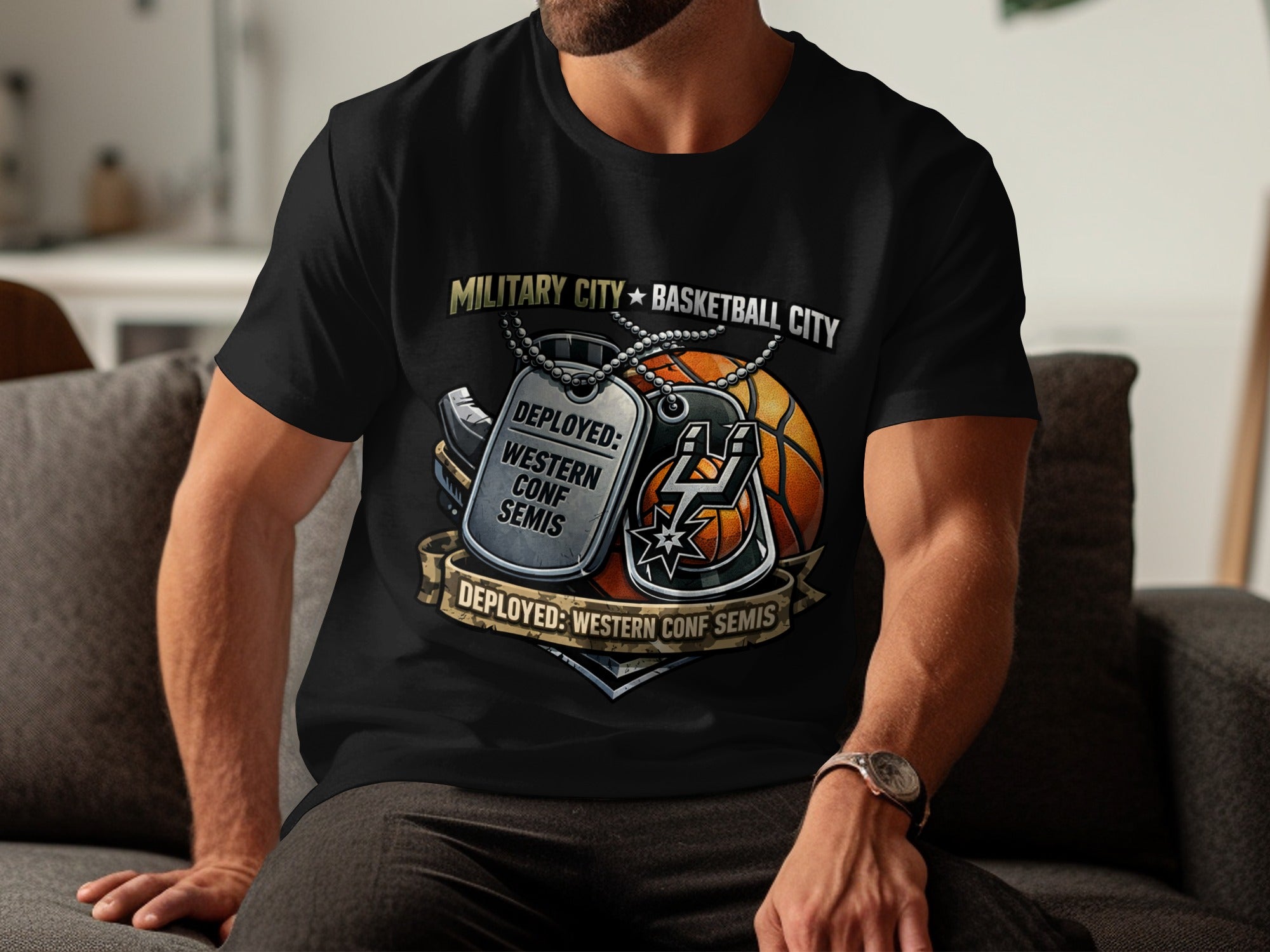 Black t-shirt graphic with dog tags, basketball, and text "Military City Basketball City".