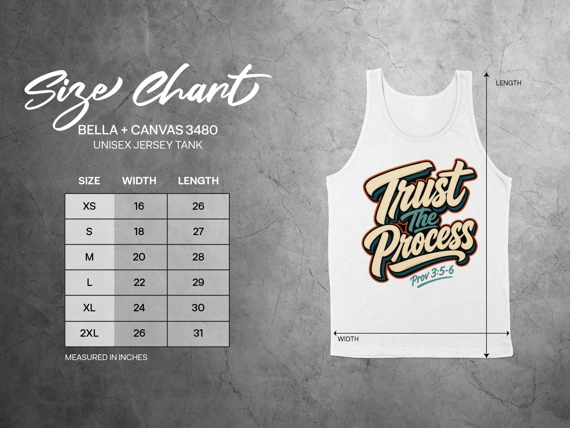 Bella + Canvas 3480 tank top size chart with "Trust The Process" graphic.
