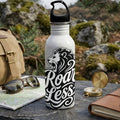 White water bottle with black lion graphic and "Roar Less" text in cursive.