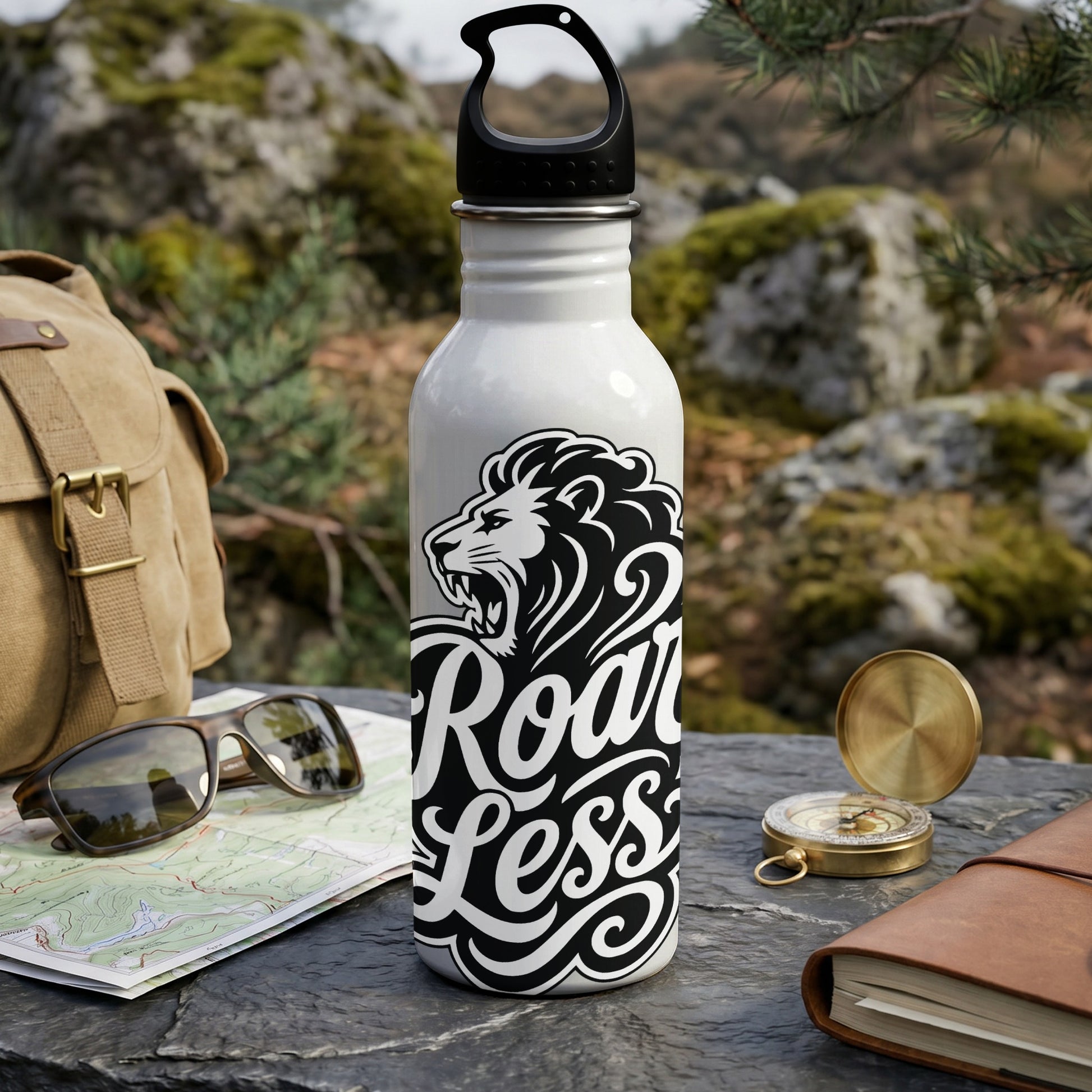White water bottle with black lion graphic and "Roar Less" text in cursive.