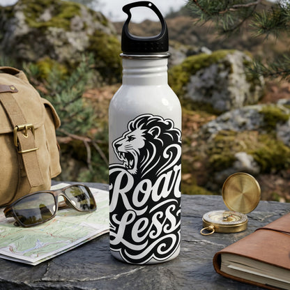 White water bottle with black lion graphic and "Roar Less" text in cursive.