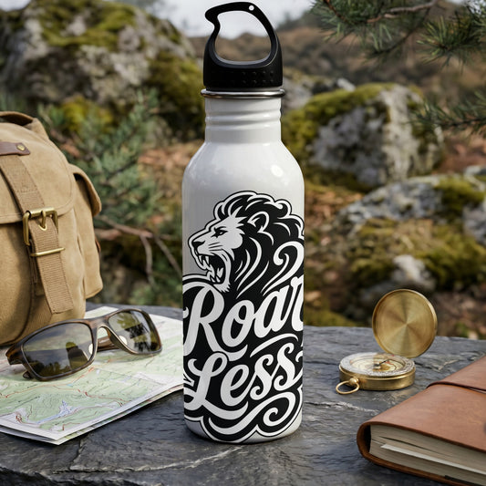 White water bottle with black lion graphic and "Roar Less" text in cursive.