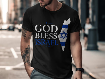 Black t-shirt with "GOD BLESS ISRAEL" and Israel map with flag.