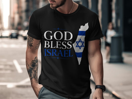 Black t-shirt with "GOD BLESS ISRAEL" and Israel map with flag.