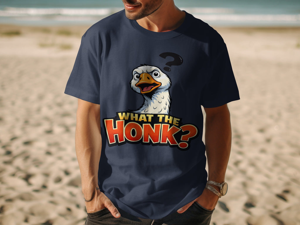 Dark blue t-shirt with a cartoon goose asking "WHAT THE HONK?"