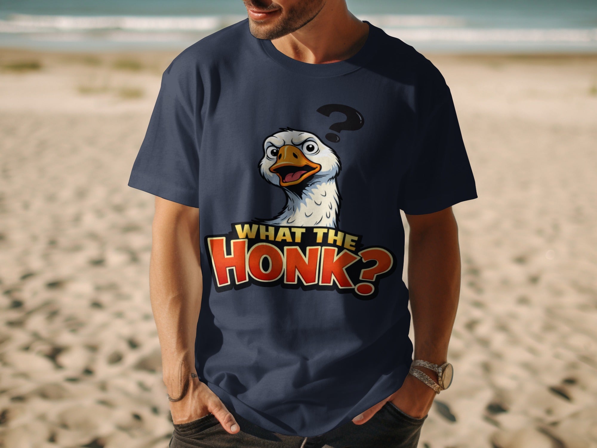 Dark blue t-shirt with a cartoon goose asking "WHAT THE HONK?"