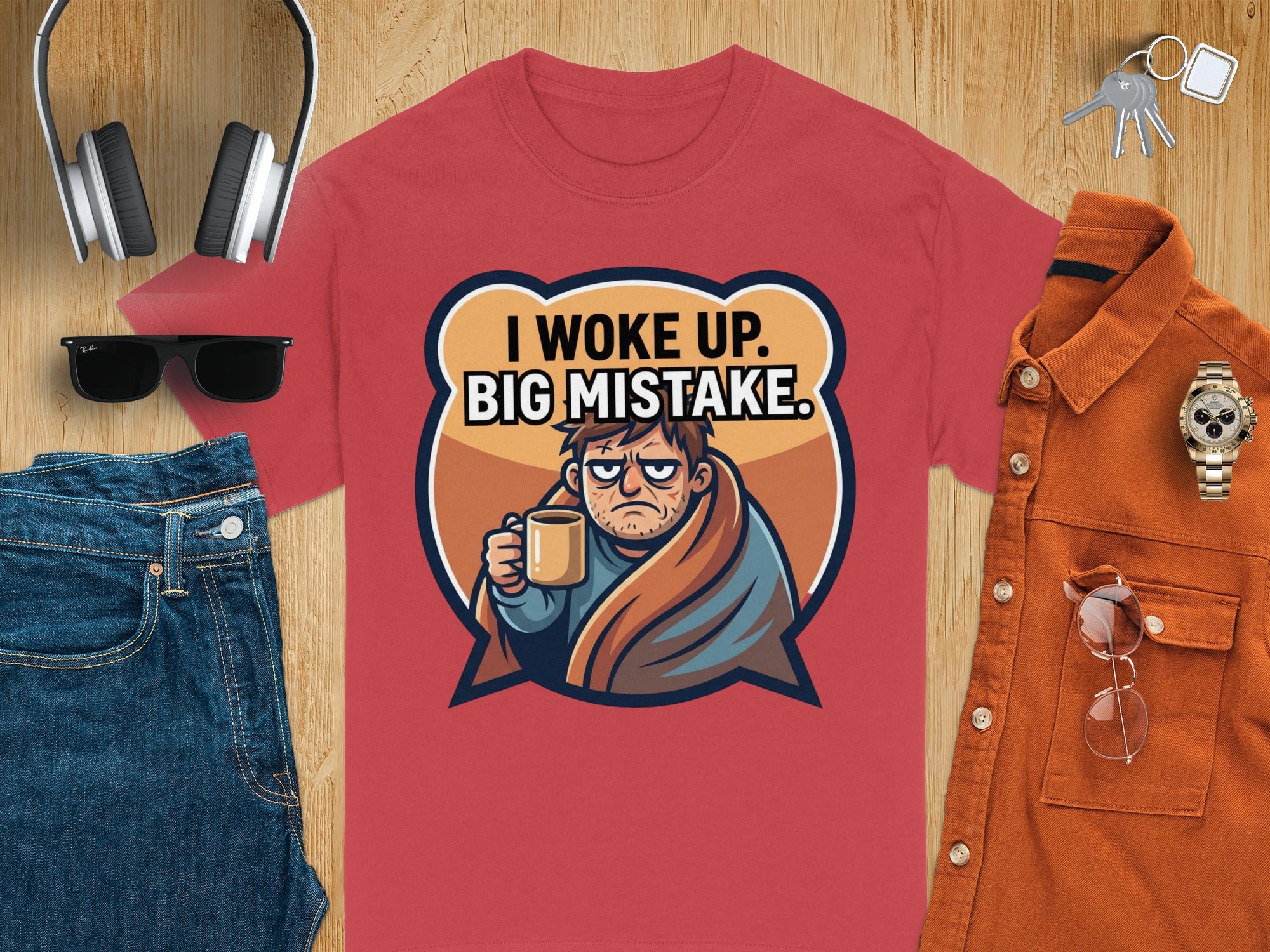Red t-shirt with graphic of man wrapped in blanket holding mug, text "I WOKE UP. BIG MISTAKE."
