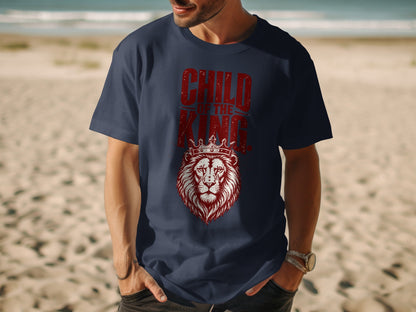 Navy t-shirt with distressed red text "CHILD OF THE KING" over a lion wearing a crown.