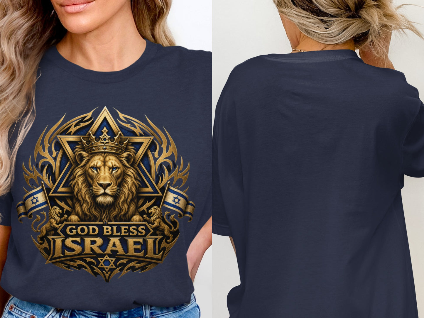 Navy t-shirt with lion, crown, Star of David, and "God Bless Israel" text.