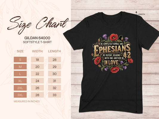 Gildan 64000 t-shirt size chart with Ephesians 4:2 verse design.