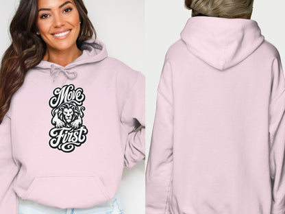 Pink hoodie with "Move First" text and lion graphic on front.
