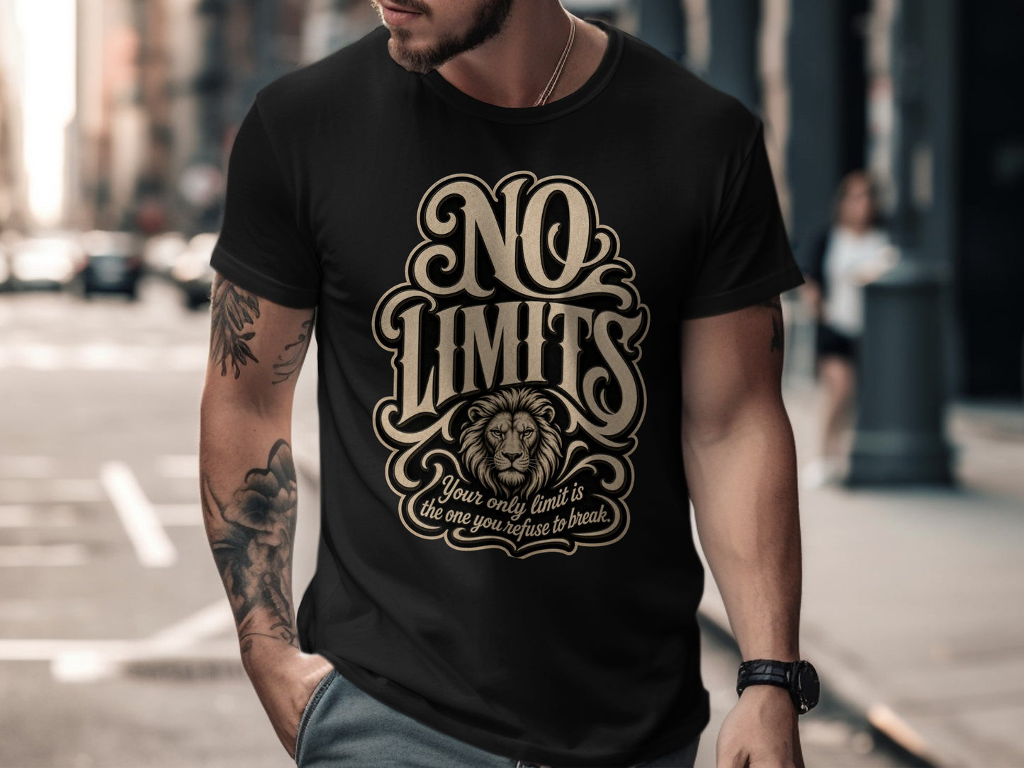 Black t-shirt with "NO LIMITS" text and lion graphic.