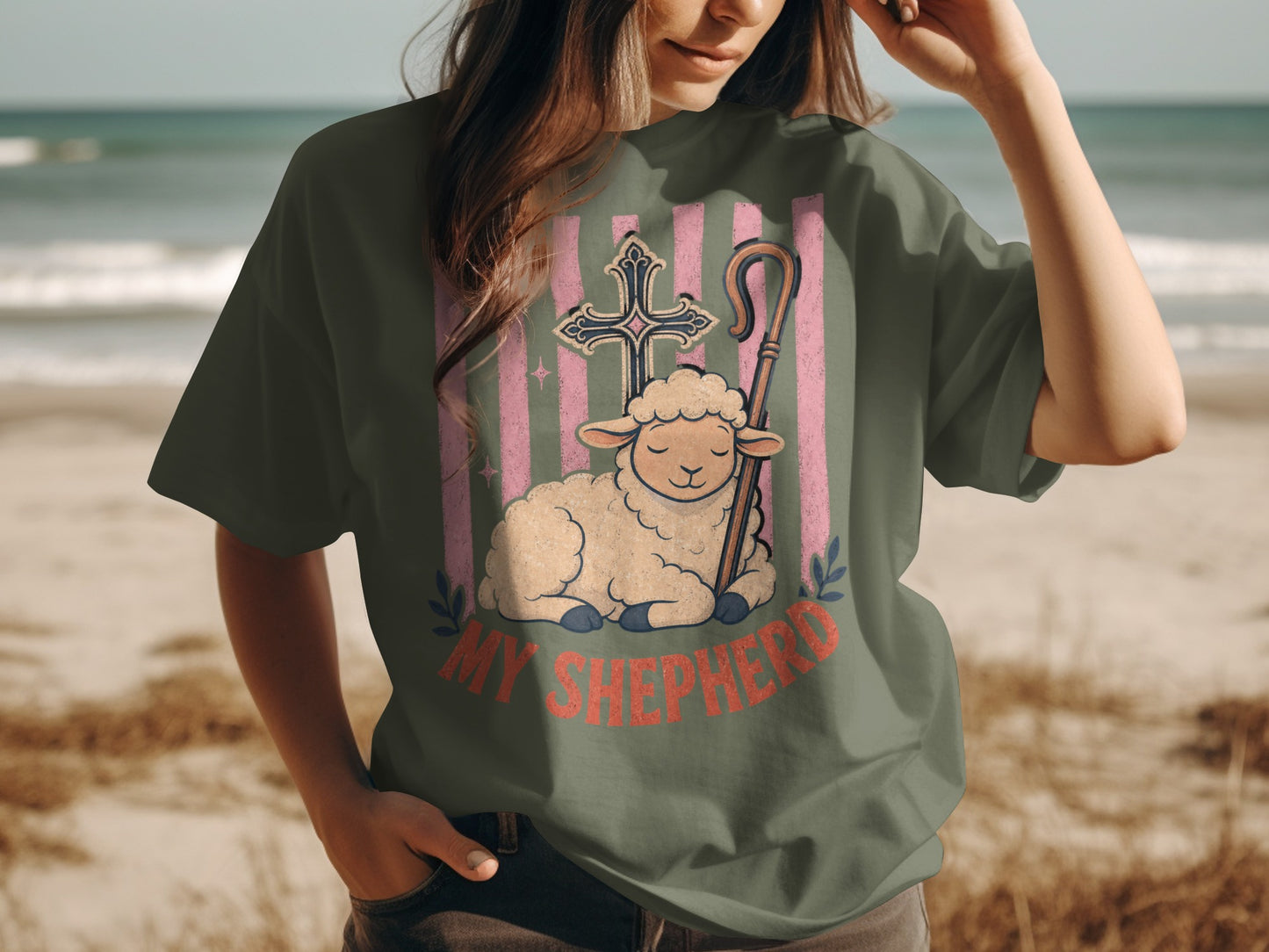 T-shirt graphic of a lamb, cross, and shepherd's staff with text "My Shepherd".