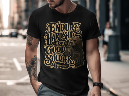 Black t-shirt with "Endure Hardship As A Good Soldier" and bear graphic.