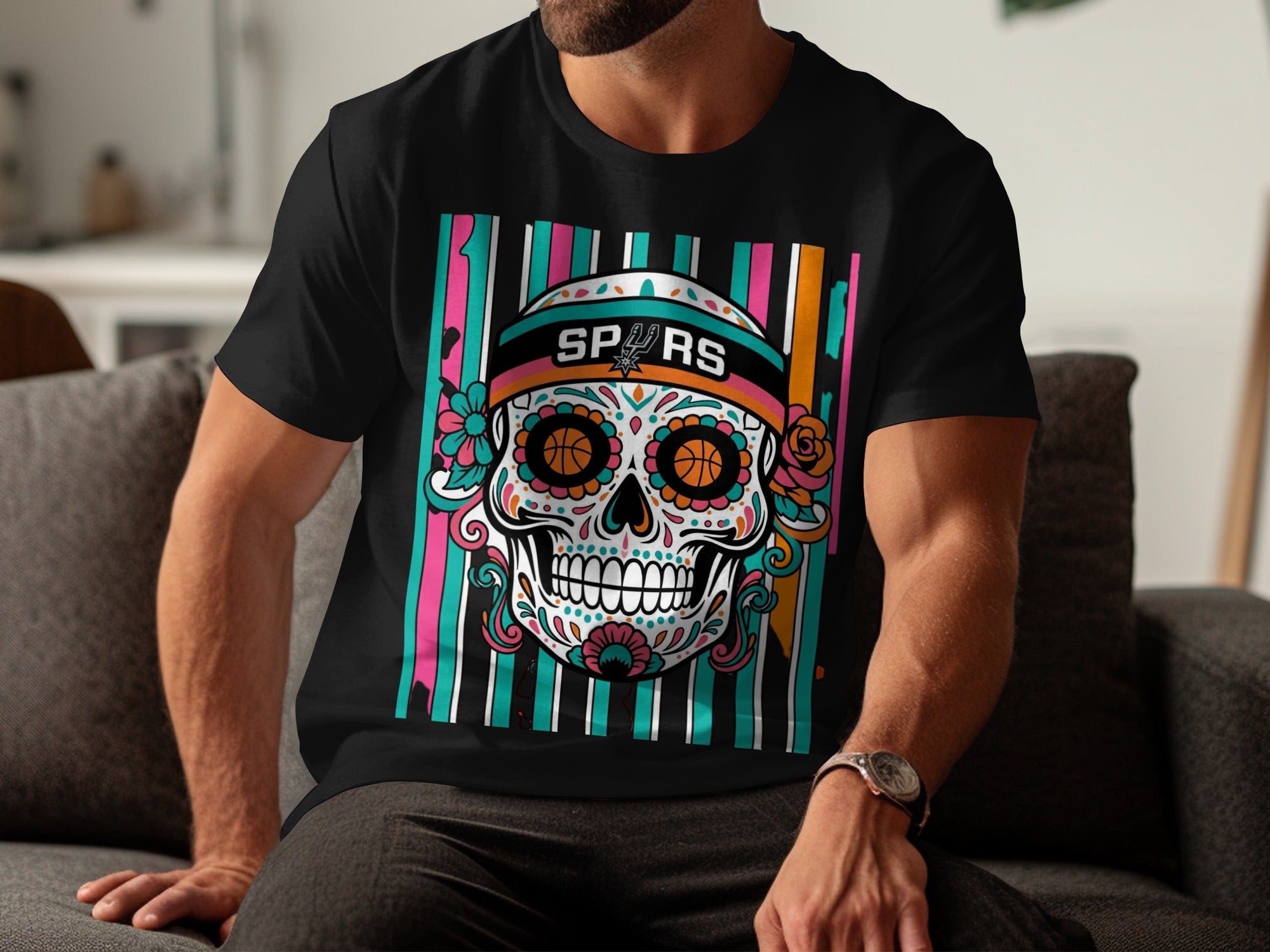 Black t-shirt with a colorful sugar skull graphic featuring "SPURS" text.
