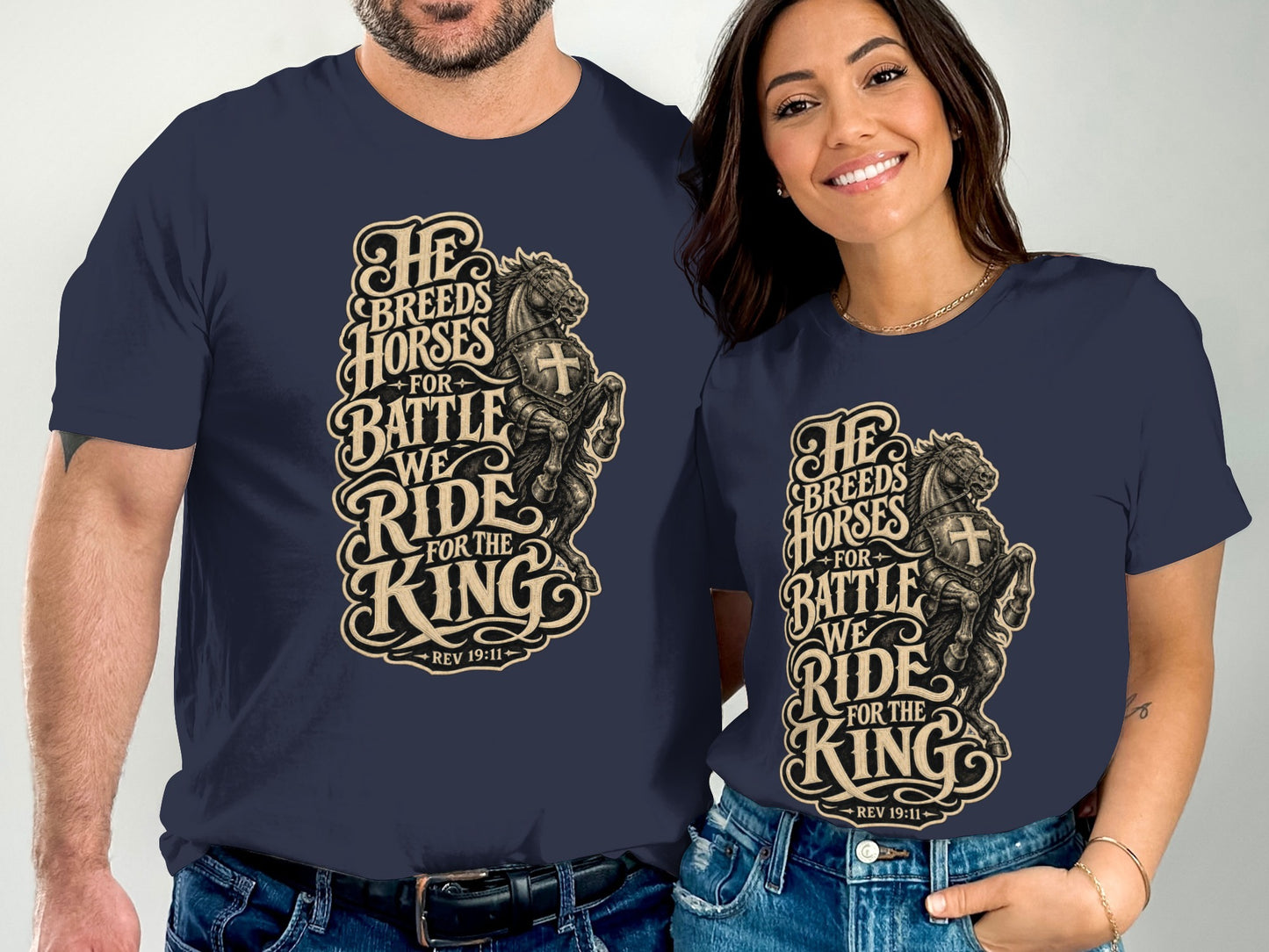 Navy t-shirts with graphic text about horses and battle, and a knight on horseback illustration.