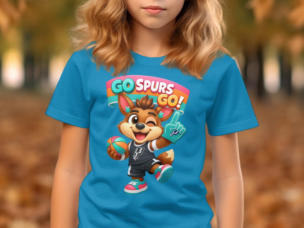 Cartoon mascot with basketball and foam finger on blue t-shirt reading "GO SPURS GO!".