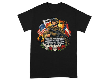 Soldier with American and Puerto Rican flags, doves, roses, and quote.