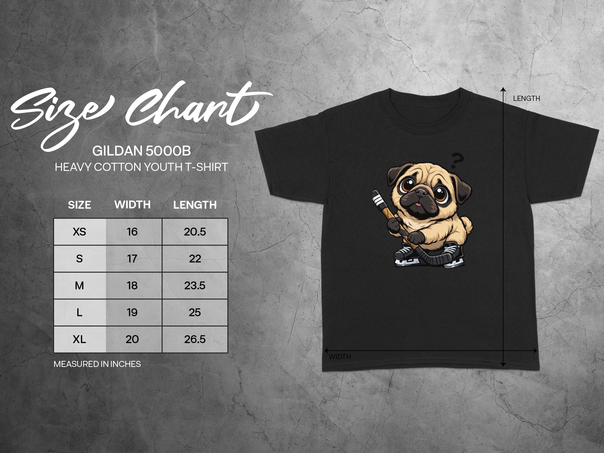 Gildan 5000B youth t-shirt size chart with pug graphic, measured in inches.