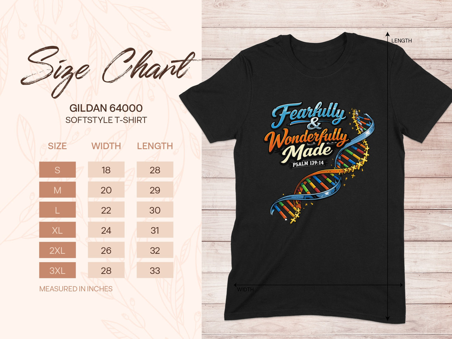 Black Gildan t-shirt with "Fearfully & Wonderfully Made" graphic and size chart.