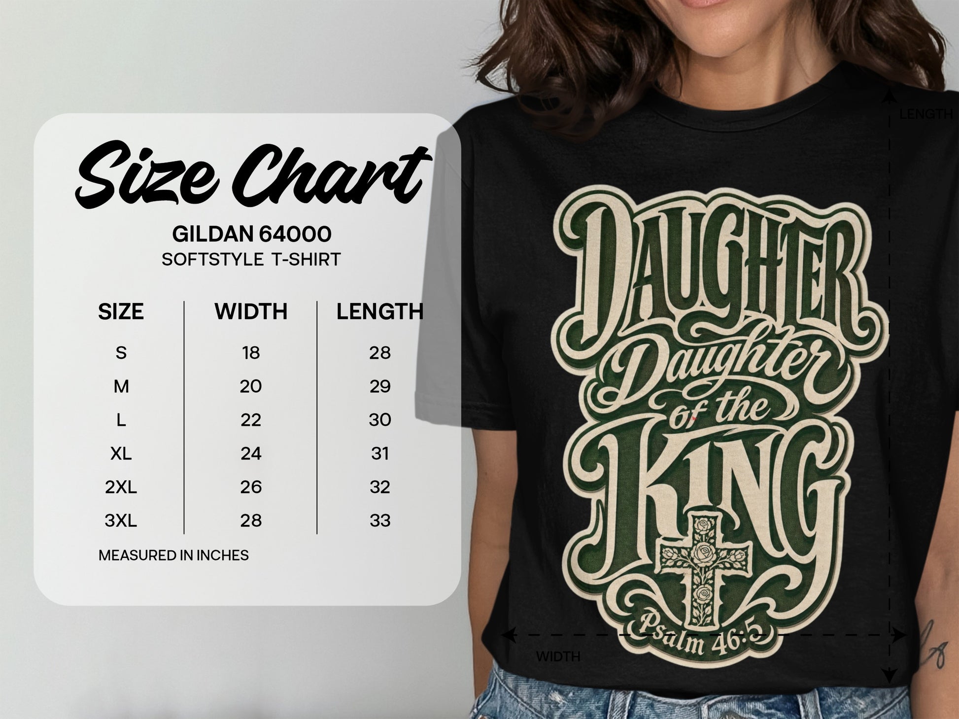 Size chart for Gildan 64000 softstyle t-shirt with width and length measurements.
