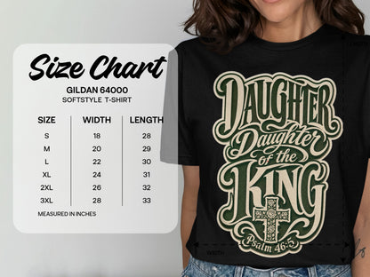 Size chart for Gildan 64000 softstyle t-shirt with width and length measurements.