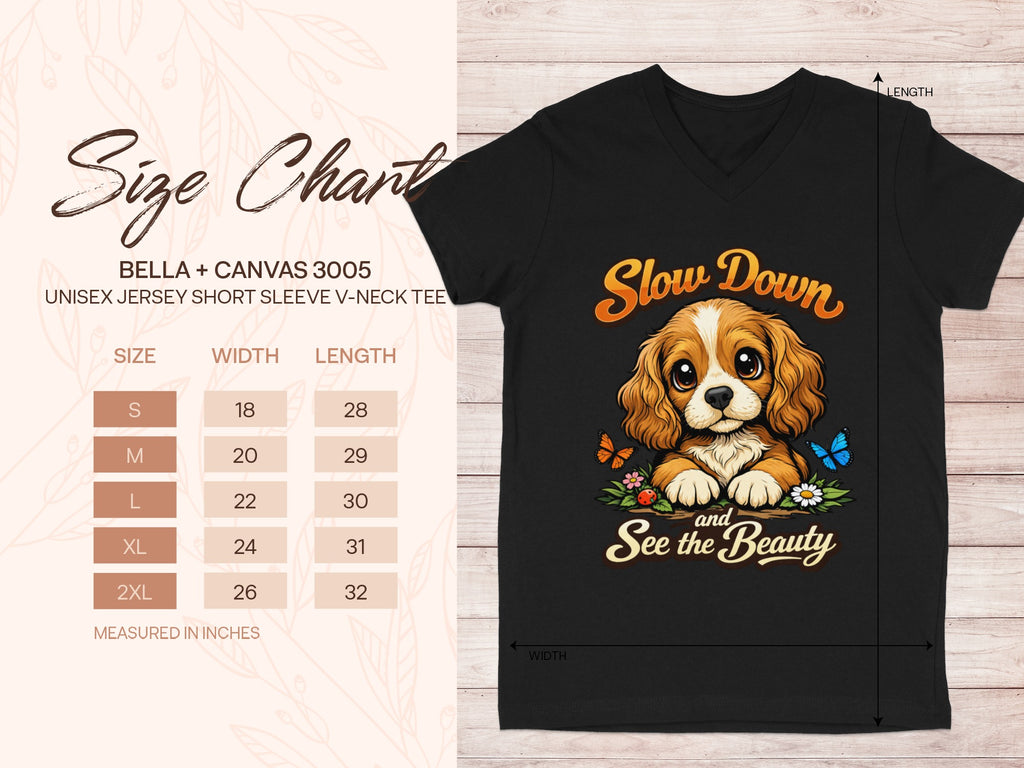 Black v-neck tee with "Slow Down and See the Beauty" text and dog graphic.