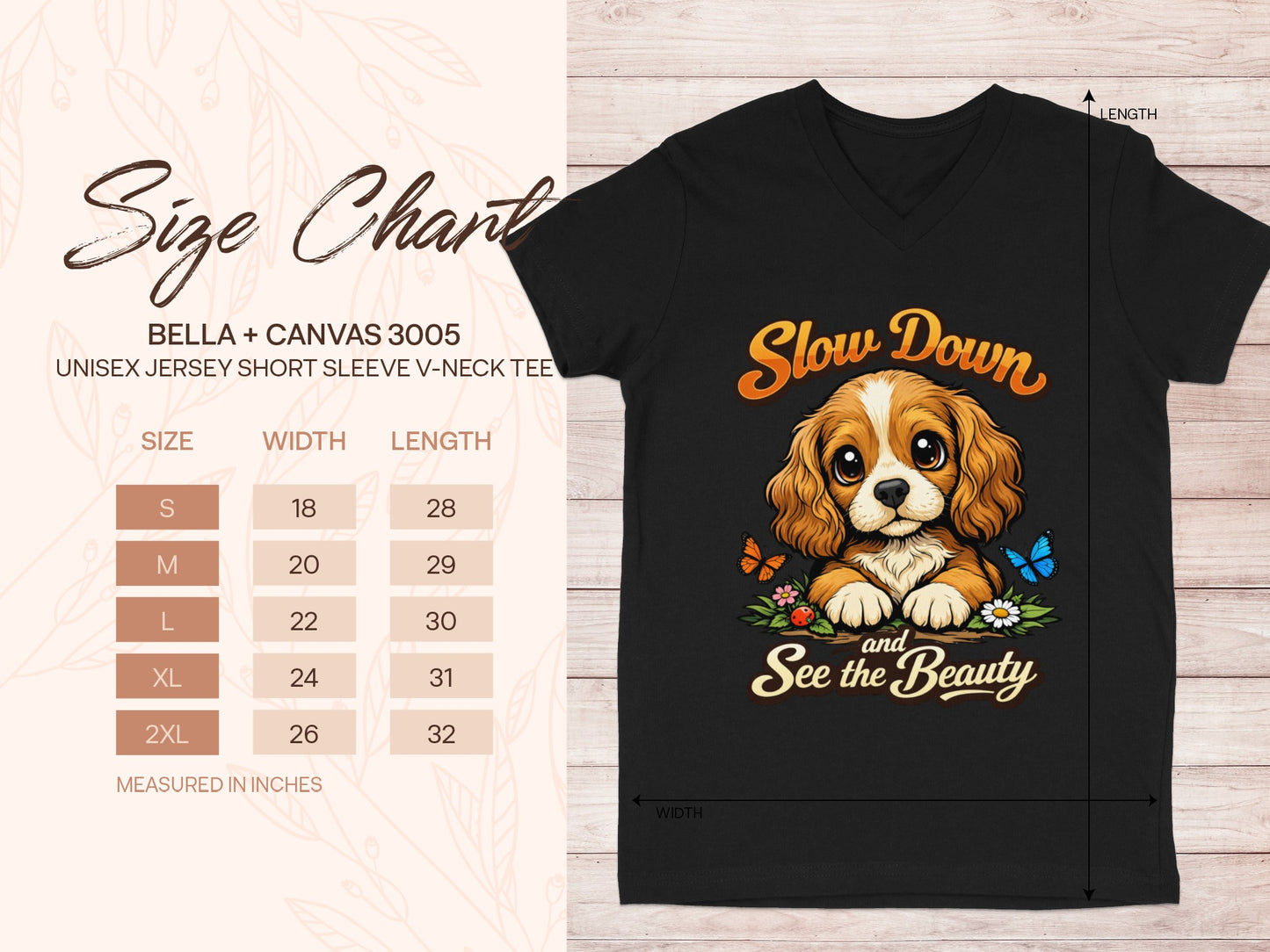 Black v-neck tee with "Slow Down and See the Beauty" text and dog graphic.