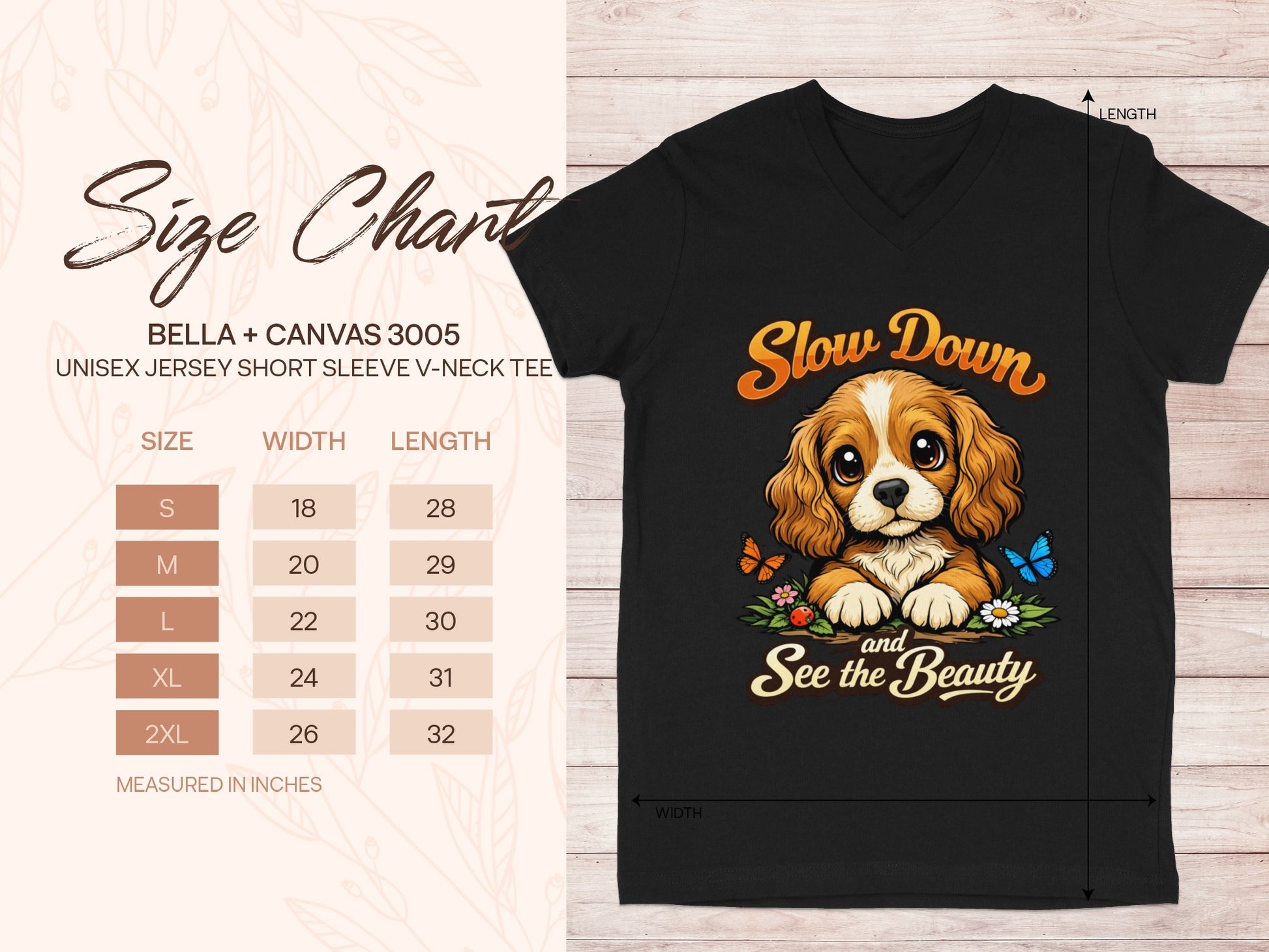 Black v-neck tee with "Slow Down and See the Beauty" text and dog graphic.