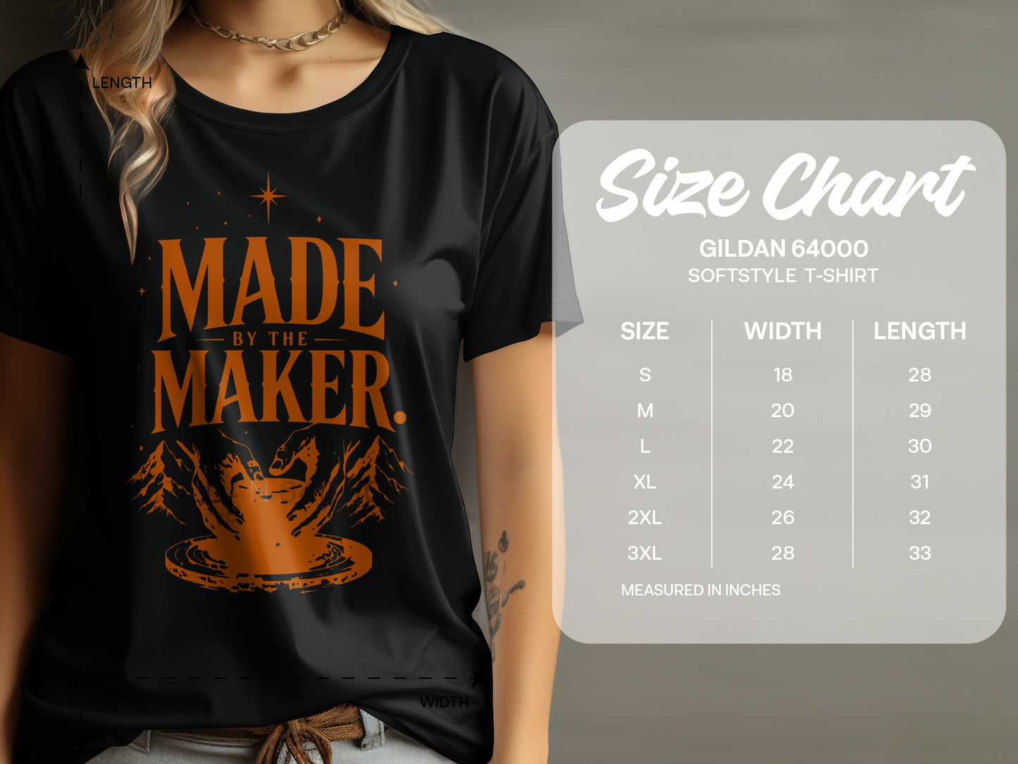 Black Gildan 64000 softstyle t-shirt with "Made by the Maker" graphic and size chart.