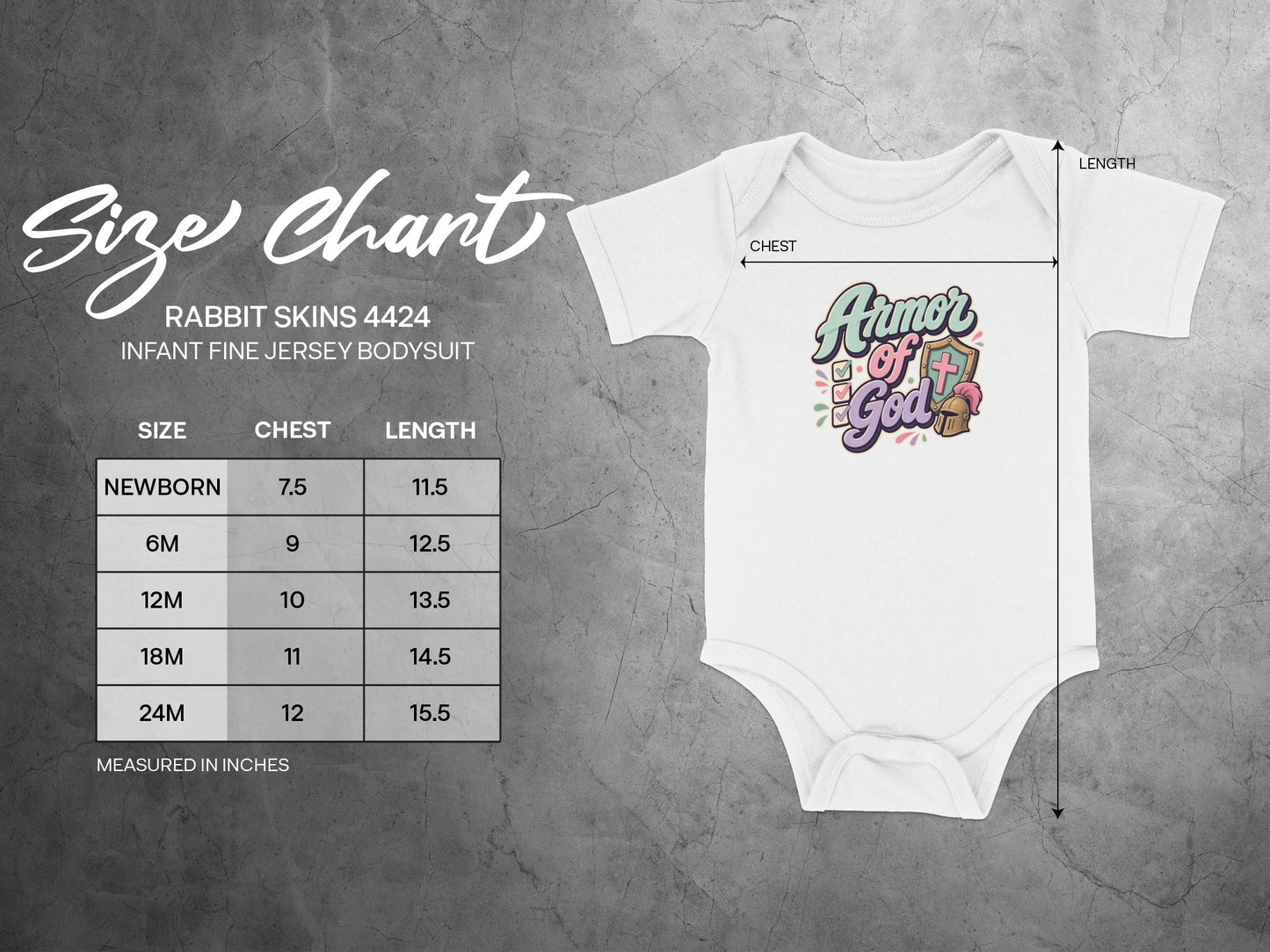 Size chart for Rabbit Skins 4424 infant bodysuit, with sizes and measurements in inches.